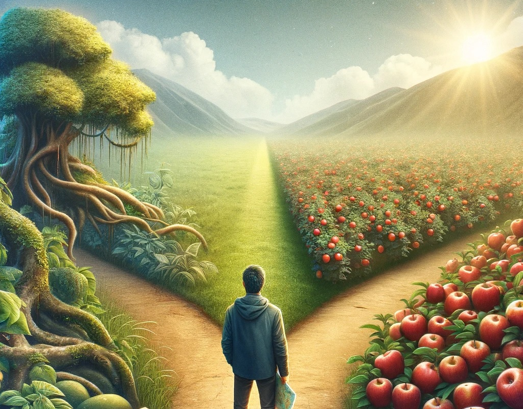 A man stands at a crossroads, where one fork leads into a large field of ripe fruit, and the other leads into a foreboding jungle